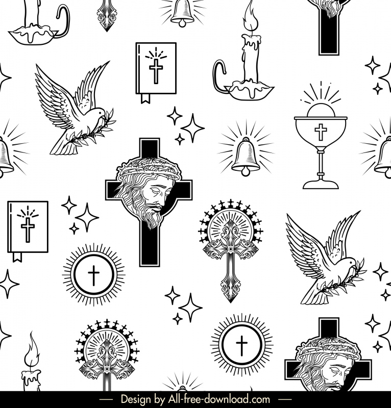 plantilla de patrón de cristianismo blanco negro que repite símbolos religiosos tradicionales elementos decoración