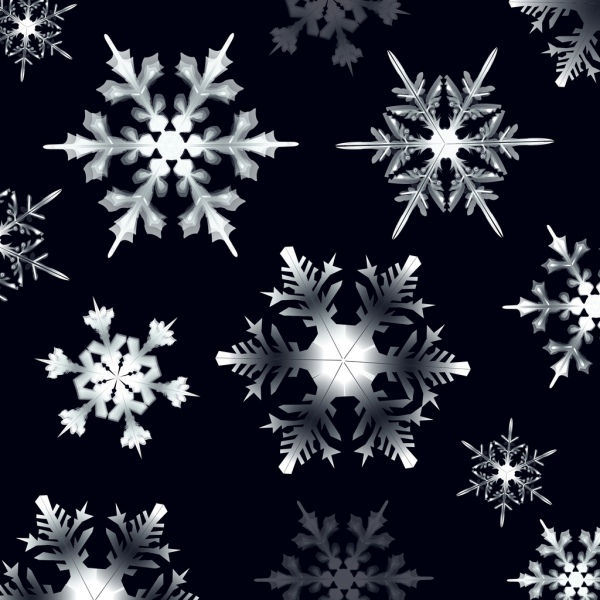 Christmas Background, negro, blanco, diseño de iconos brillantes de copos de nieve