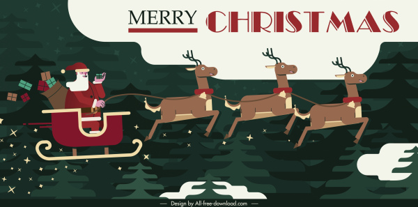 latar belakang klasik sleighing santa reindeers ikon Natal sketsa