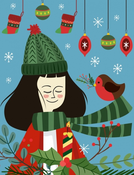 Weihnachten Hintergrund niedliche Mädchen Christbaumkugel Symbole farbige cartoon