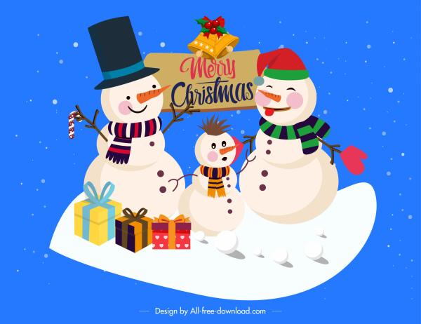 Conception stylisée de dessin animé stylisée de famille de bonhomme de neige mignon de fond de Noel