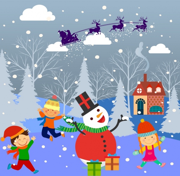 Weihnachten Hintergrund Design Kinder und Schneemann Dekoration