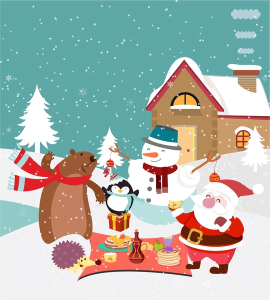 귀여운 동물와 산타 크리스마스 배경 디자인