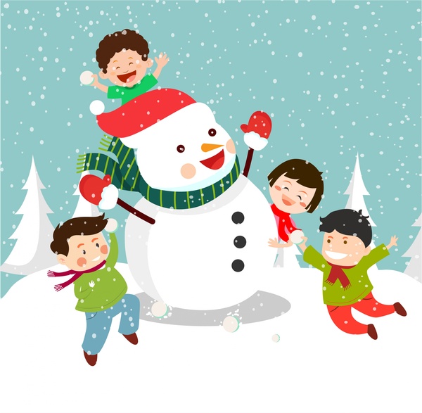 うれしそうな子供と雪だるまとクリスマスの背景デザインします。