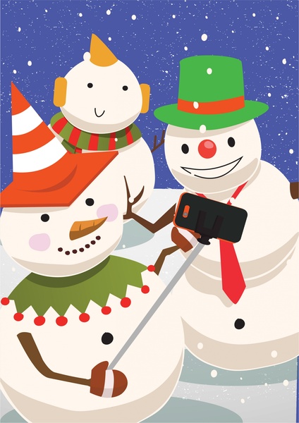 fond de Noël design avec des bonhommes de neige en tenant selfie