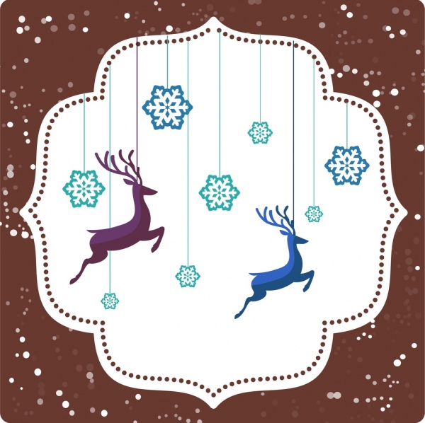latar belakang Natal menggantung hiasan kepingan salju dan reindeers