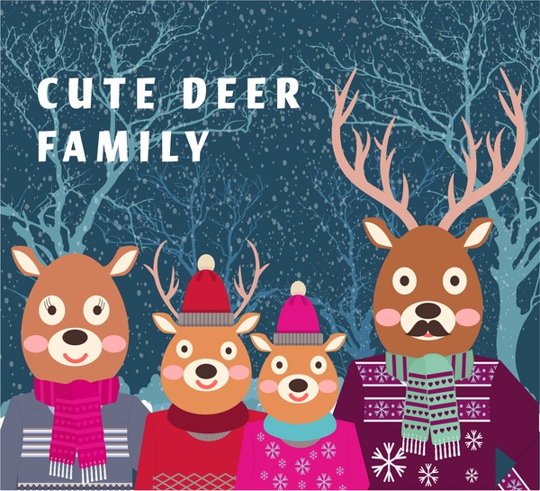 耶誕節背景例證與可愛的風格化的馴鹿家庭