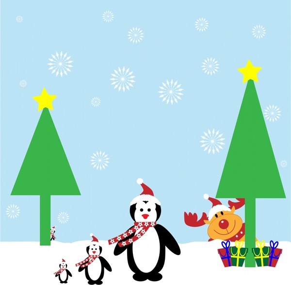 Christmas Background Illustration With Snow And Penguins