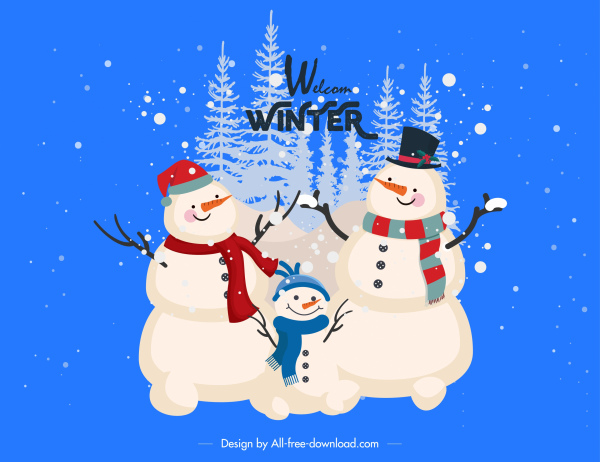 圣诞节背景快乐雪人家庭素描