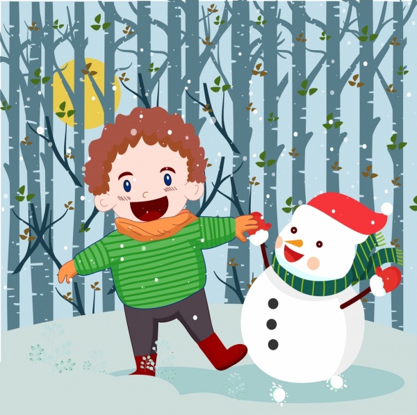 bambino di Natale sfondo stilizzato fumetto colorato di icone del pupazzo di neve