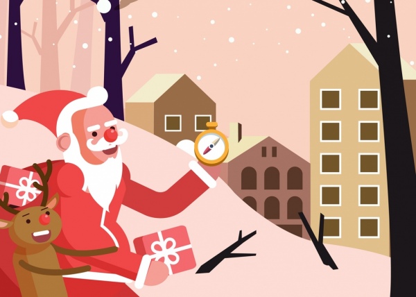Weihnachtshintergrund Weihnachtsmann Rentier Kompass Icons Cartoon Design