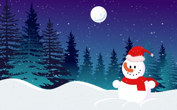 Fondo muñeco de nieve Navidad decoracion paisaje nevado a la luz de la luna