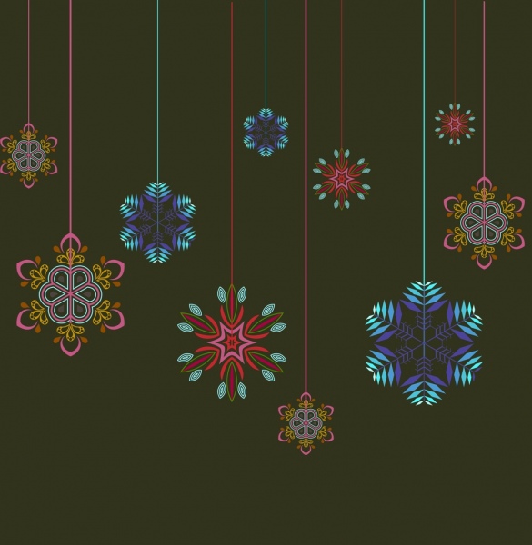 Natal template latar belakang berwarna-warni menggantung hiasan kepingan salju