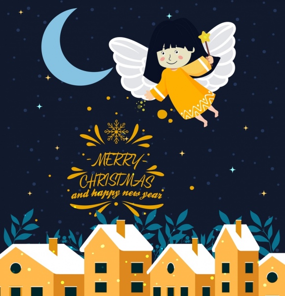 Noel afiş melek Hilal simgeler dekor renkli karikatür