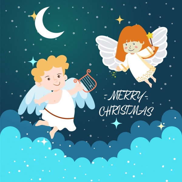 크리스마스 배너 귀여운 천사 아이콘 컬러 만화 디자인
