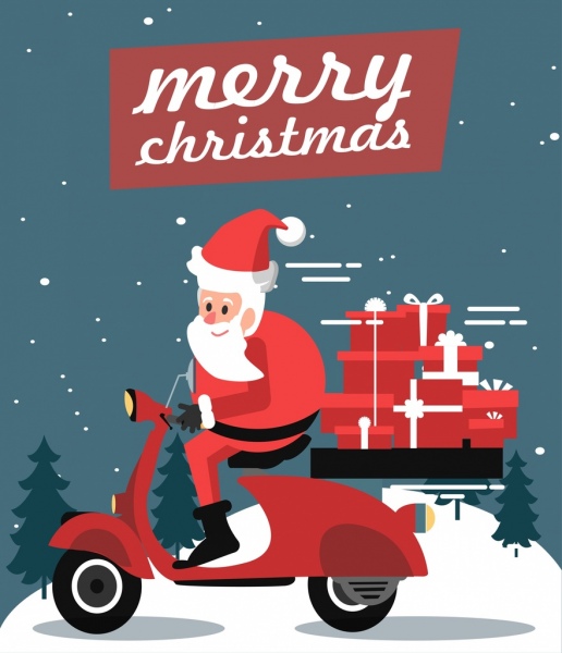 boîtes de cadeau de Noël bannière santa claus motorbik icônes