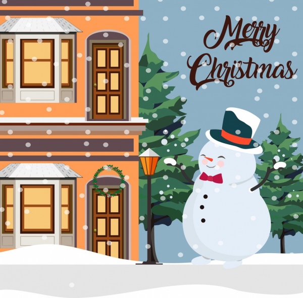 Boże Narodzenie transparent bałwana spadające śniegu dom ikony stylu