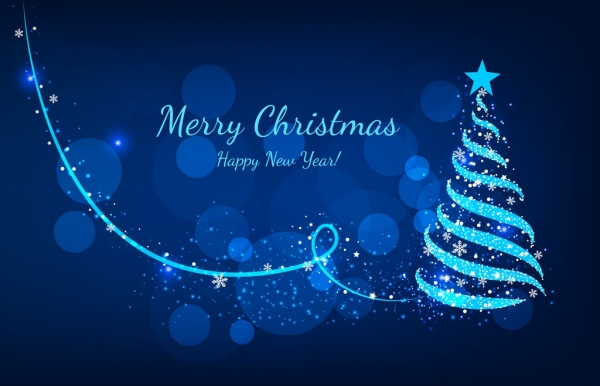 Natal banner berkilauan bokeh biru fir pohon ikon