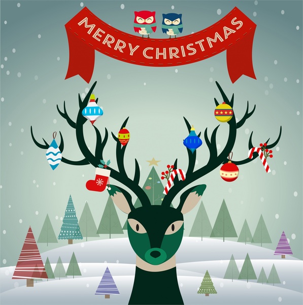 banner de Natal com rena símbolos nos chifres de suspensão