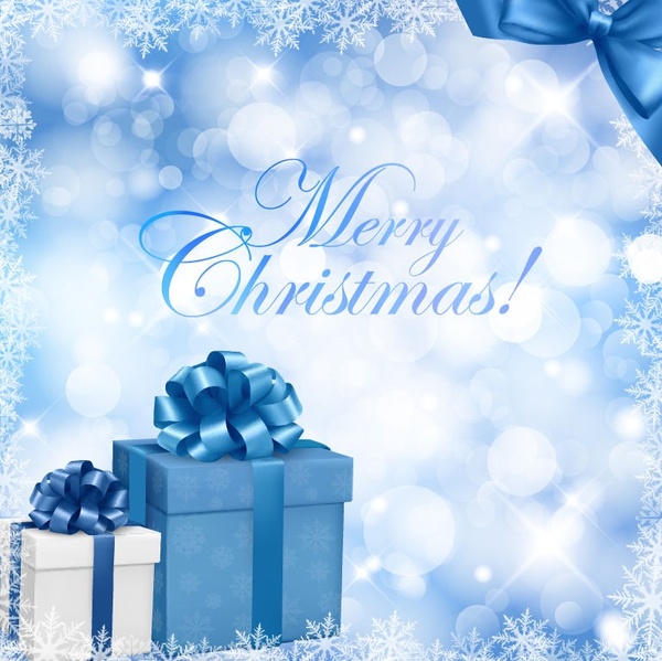 latar belakang biru Natal dengan hadiah kotak dan kepingan salju vektor ilustrasi