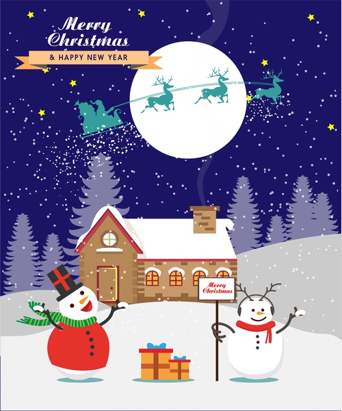 Weihnachtskarte Abdeckung Design Schneemänner im Mondschein-Stil
