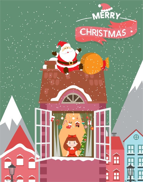 coperchio della scheda di Natale con Babbo Natale i regali che consegnano