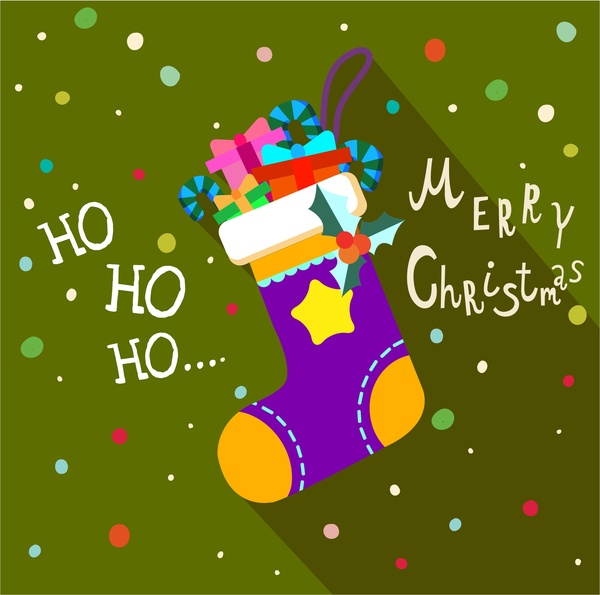 kartu Natal tutup dengan ilustrasi kaus kaki dan hadiah
