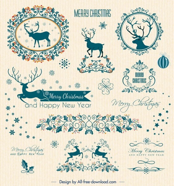 Elemen desain kartu Natal rusa kutub, kepingan salju, bunga, dekorasi