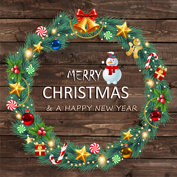 カラフルな装飾的な月桂樹のリースでクリスマス カードのデザイン