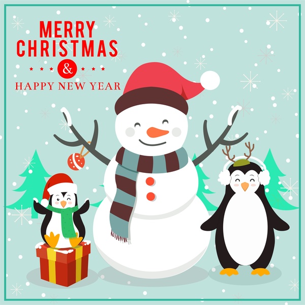 diseño de tarjeta de Navidad con divertidos pingüinos y muñeco de nieve