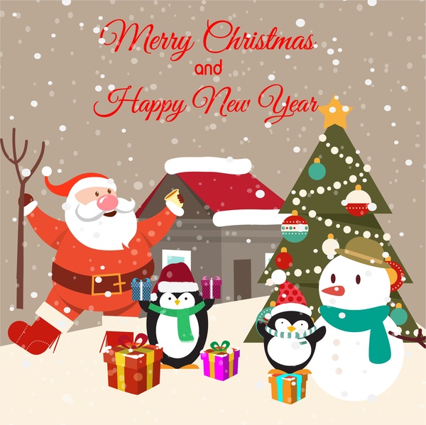 design de cartão de Natal com pinguins e Papai Noel
