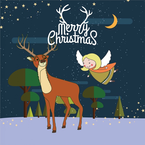 تصميم بطاقة عيد الميلاد مع الرنة والملاك
