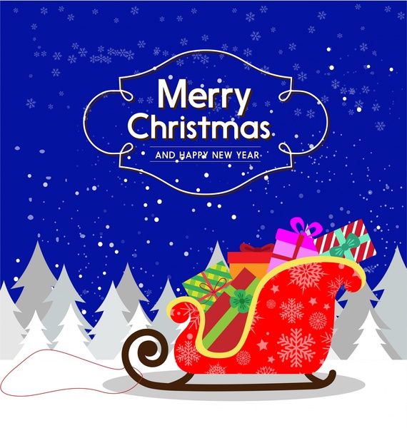 diseño de tarjeta de Navidad con trineo lleno de regalos