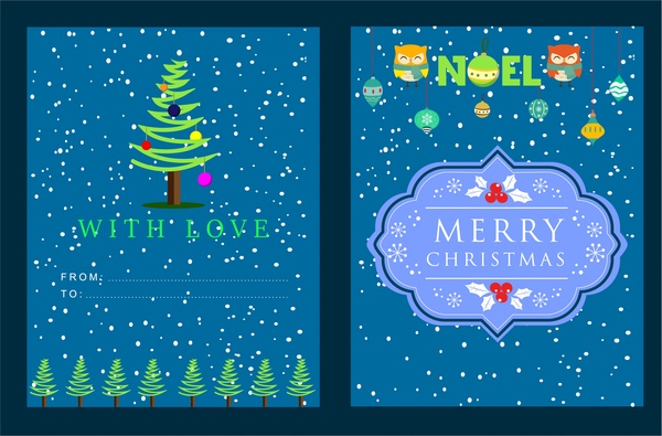 tarjeta de Navidad nieve y emblemas en fondo azul
