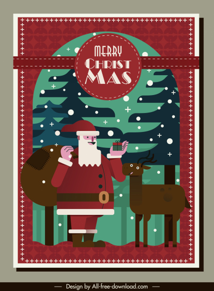modello di cartolina di Natale classico Santa Claus renna schizzo