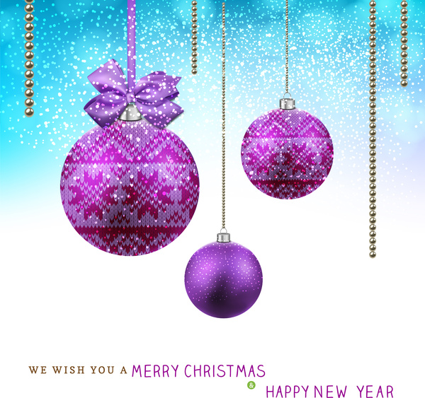 cartolina di Natale con priorità bassa delle sfere viola per appendere