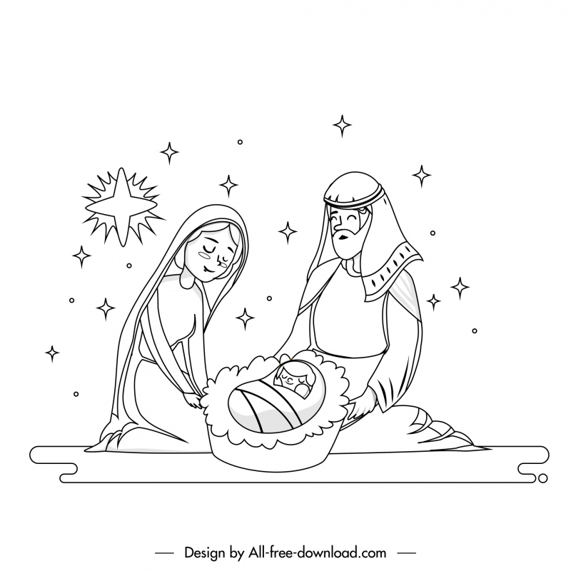 クリスマスの装飾的な背景に生まれたばかりのキリストのスケッチ黒白の輪郭