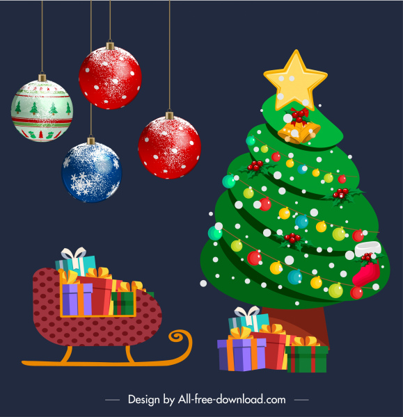 Weihnachten dekorative Elemente Kugeln Tanne Baum Tourenskilauf Skizze