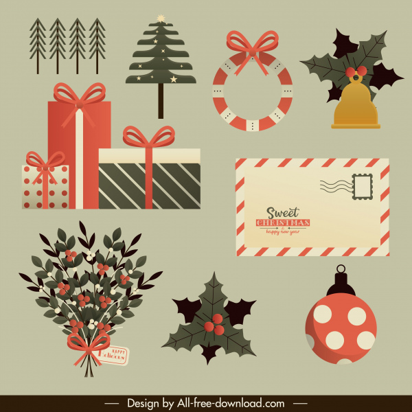 elementos de diseño de navidad baubles regalos sobre flora sketch