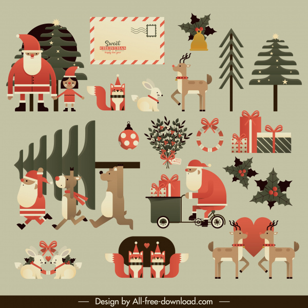 Weihnachts-Design-Elemente klassische flache Symbole Skizze