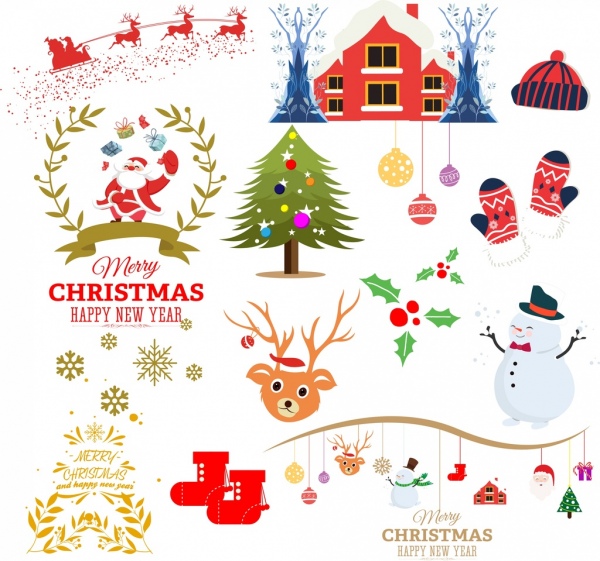 projeto de elementos de design de Natal clássicos símbolos coloridos lisos