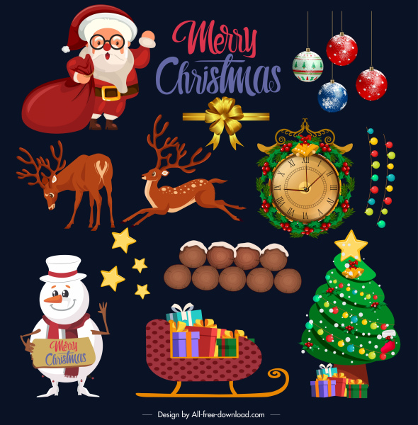عناصر تصميم عيد الميلاد الملونة الكلاسيكية رموز رسم