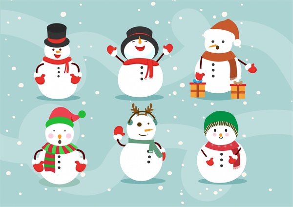 Ilustración de elementos de diseño de Navidad con muñeco de nieve posando varios