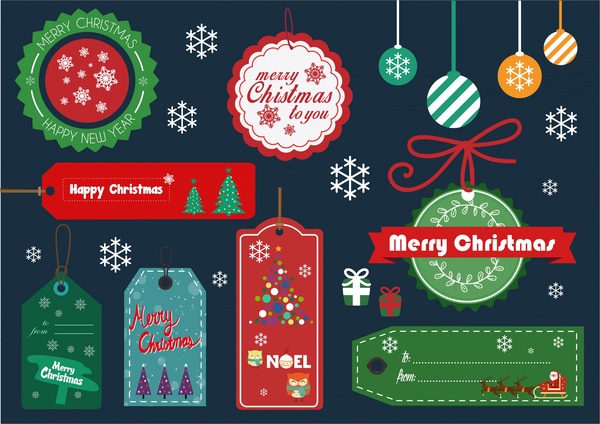 Natal desain elemen tag dan pernak-pernik bola koleksi
