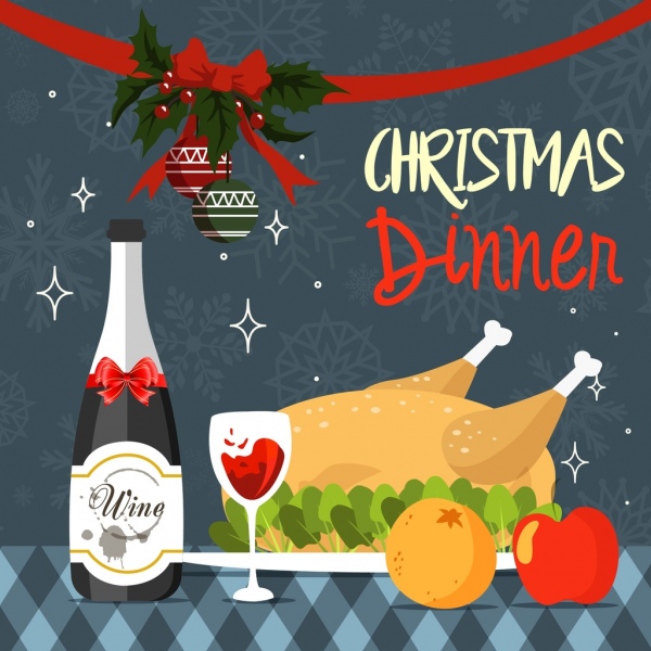 latar belakang Natal makan malam panggang ayam anggur pernak-pernik dekorasi