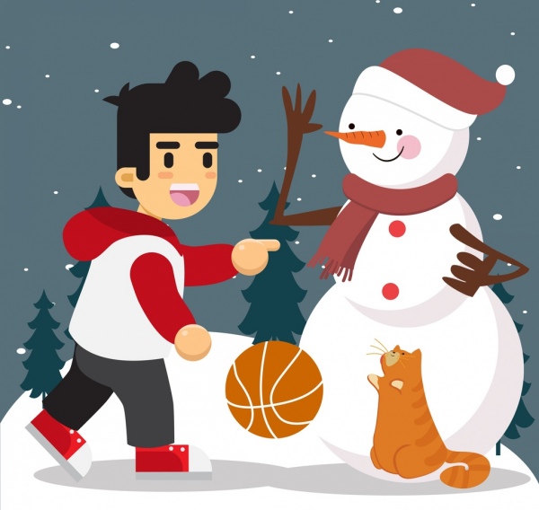 Рождество, рисование мальчик Снеговик кошку иконы цветной дизайн