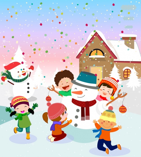 クリスマス図面うれしそうな子供雪だるまアイコンの色の漫画
