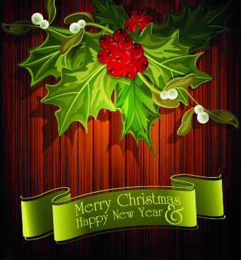 木製の背景ベクトル クリスマス グリーン リボン