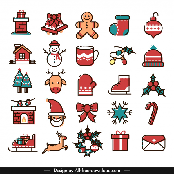 Christmas Icons Collection Bunte klassische flache Skizze