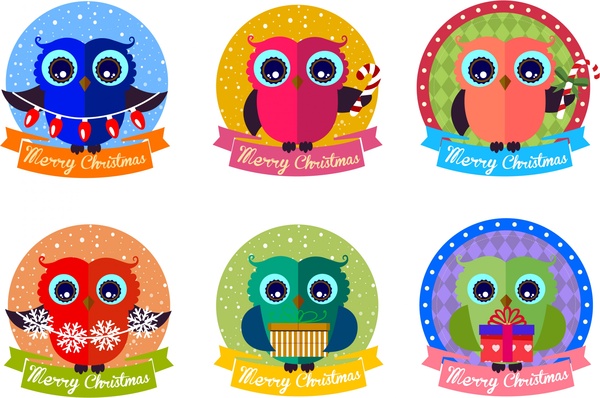 elemen desain label Natal terisolasi dengan ilustrasi owl